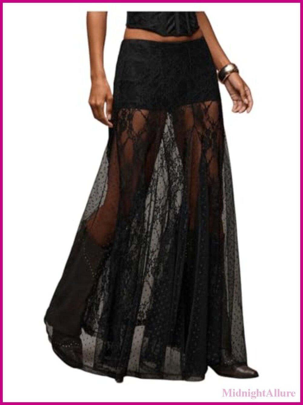 Sheer Lace Maxi Skirt Polka Dot Ruffle Gothic Y2K